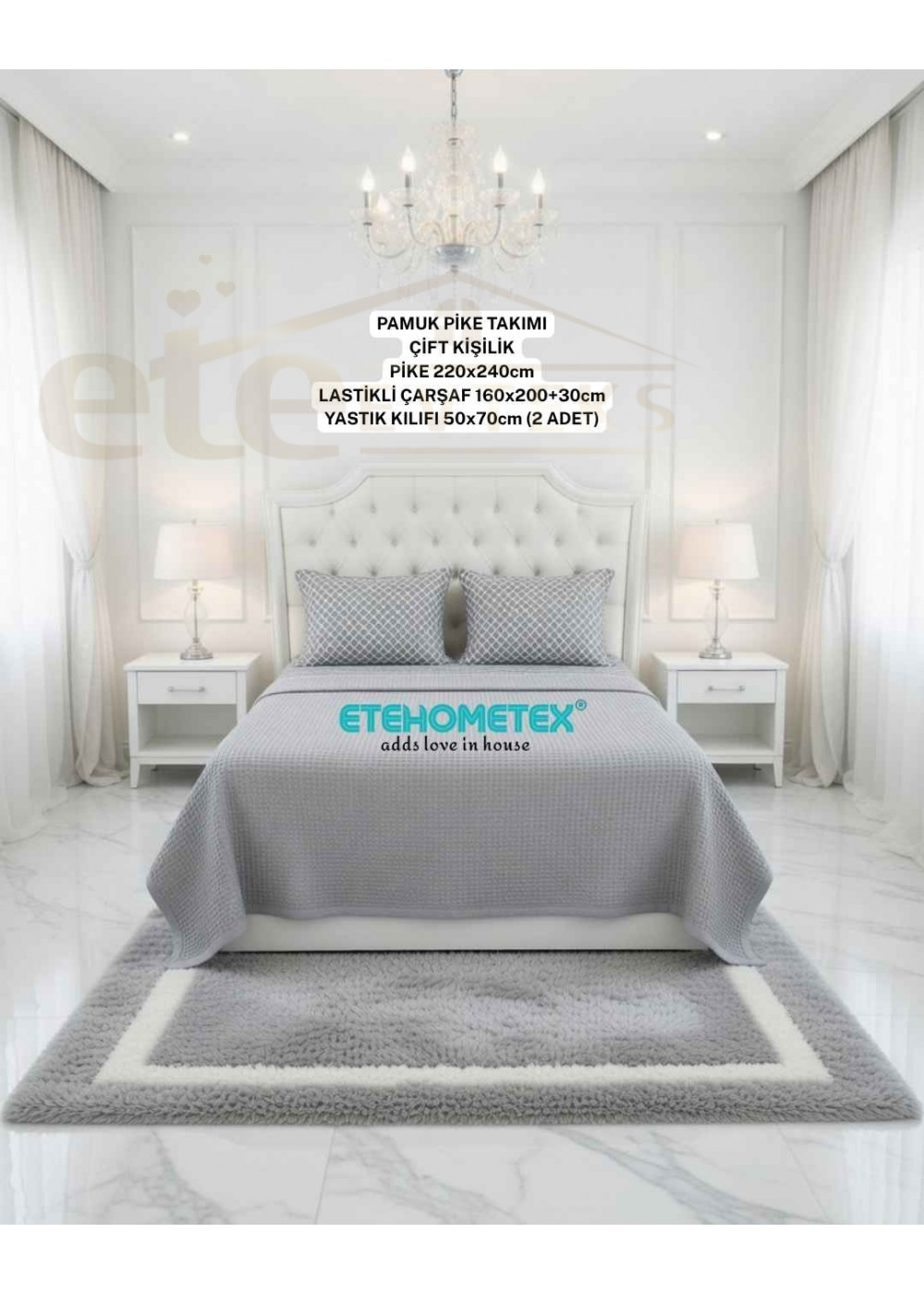 ETEHOMETEX ÇİFT KİŞİLİK %100 PAMUK HAVUZLU PİKE TAKIMI GRİ 8696474232075